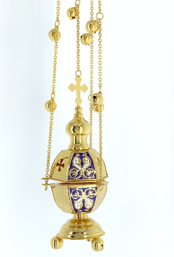 Кадило шестигранное, золочёное, с цветной эмалью, с колокольчиками