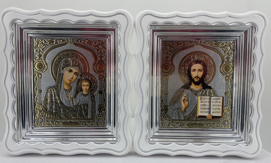 Иконы "Венчальная пара" литография купол цветок, белая, патинированное серебро 27х24 см