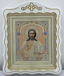 Иконы "Венчальная пара" литография, купол жёлтый, голубой, белый, патинирование золото, 30х24 см