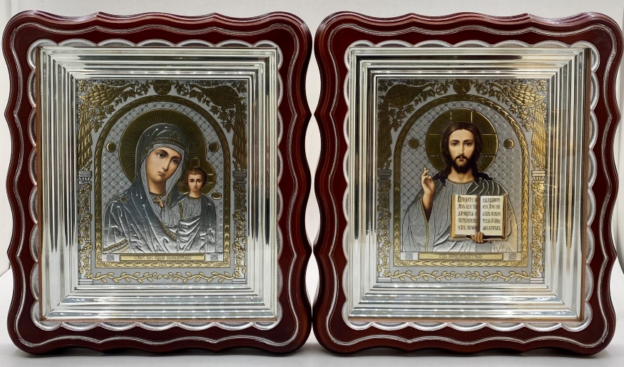 Иконы "Венчальная пара" литьё павлин, коробка, покрытие серебро 27х24 см