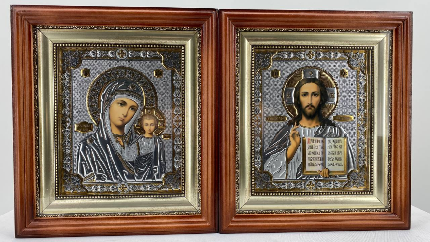 Иконы "Венчальная пара" (литография, тиснение, рамка, коричневая, православная) 26х23 см