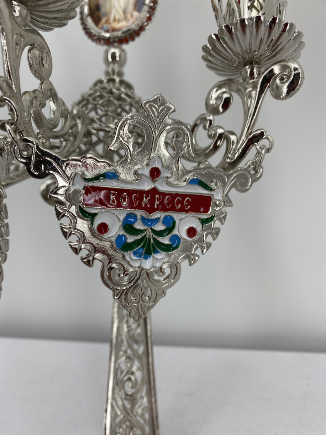 Трисвечник пасхальный с иконой №16, никель 29х11 см