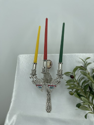 Трисвечник пасхальный с иконой №16, никель 29х11 см