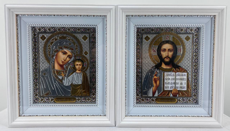 Иконы "Венчальная пара" (литография, прямоугольная, роза, рама белая, православная) 26х23 см