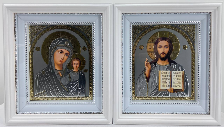 Иконы "Венчальная пара" (литография серая, рама белая, православные) 26х23 см