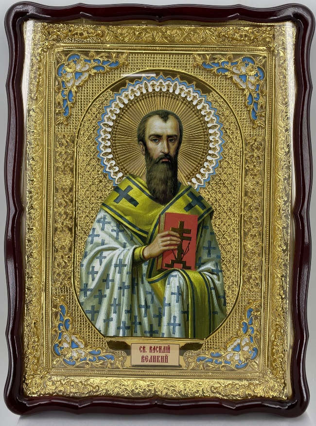 Икона святителя Василия Великого 61×82 см голубая эмаль