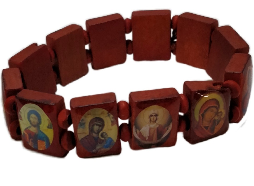 Браслет деревянный на резинке, с иконками