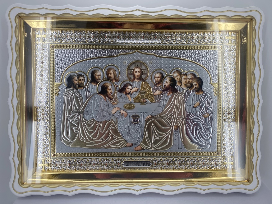 Икона Тайная Вечеря 55×41 см, белая рама, патинирование
