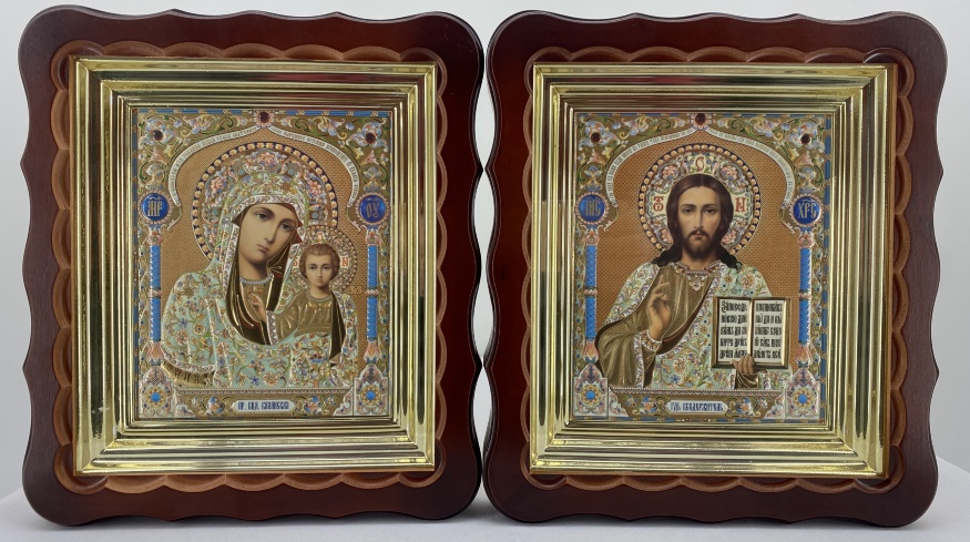 Иконы «Венчальная пара» (лик купеческий, жена — блондинка) в киоте, без паспарту, 27×24 см
