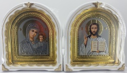 Иконы «Венчальная пара» литография, серая, белая, золочение, патинирование, золотая рама, 27х25 см