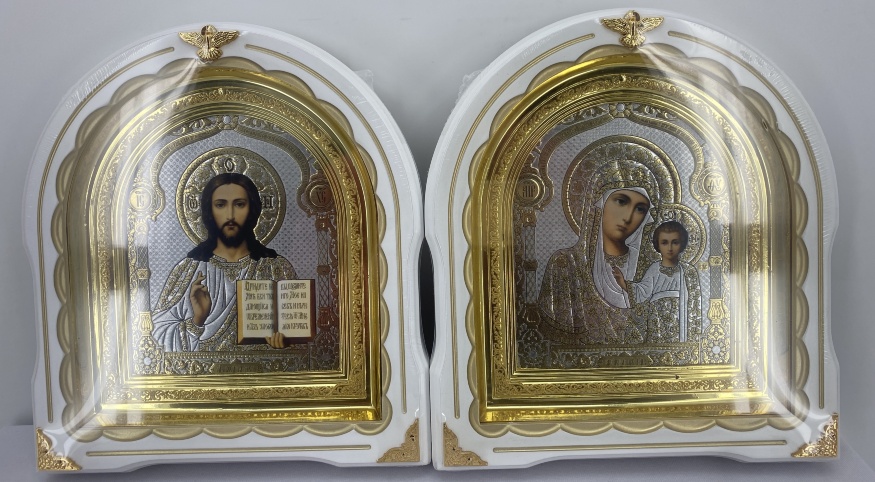 Иконы "Венчальная пара" литография, купол, цветы, белое золочение, патинирование золотом, золотая рама, 27х25 см