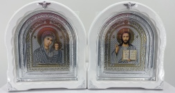 Иконы "Венчальная пара" литография павлин без патины, рамка серебро 27×25 см