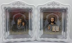 Иконы «Венчальная пара» литография, купол, цветок, белое патинирование, серебро, 30х24 см