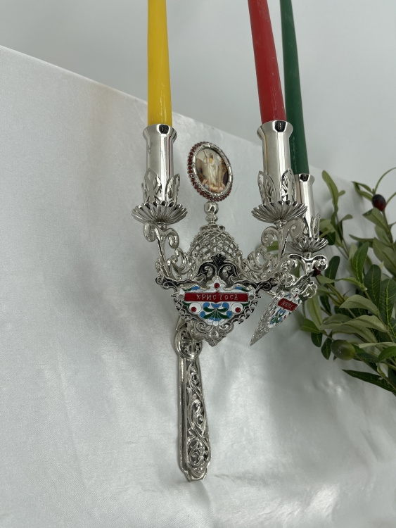 Трисвічник великодній з іконою №16, нікель 29х11см