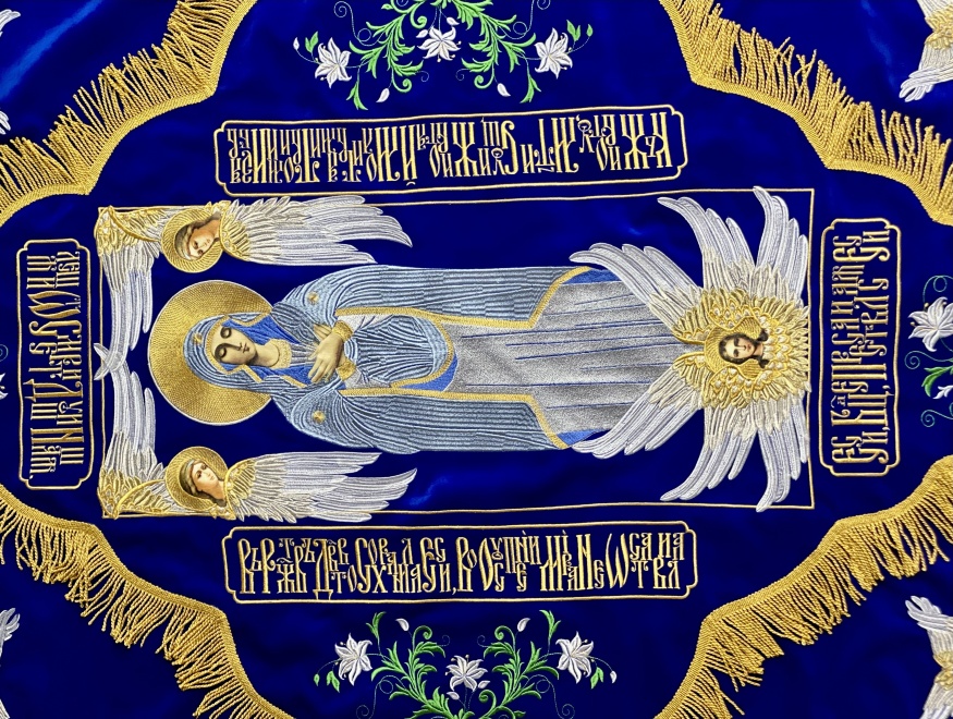 Плащаниця Богородиці на оксамиті (Ангели, срібло) (вишивка тюльпан, вишита середина)