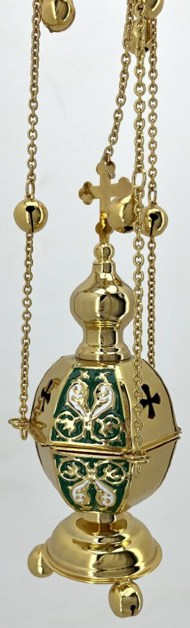 Кадило шестигранне, золото, з кольоровою емаллю, з дзвіночками