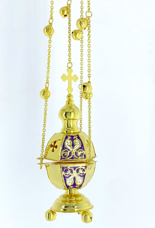 Кадило шестигранне, золото, з кольоровою емаллю, з дзвіночками