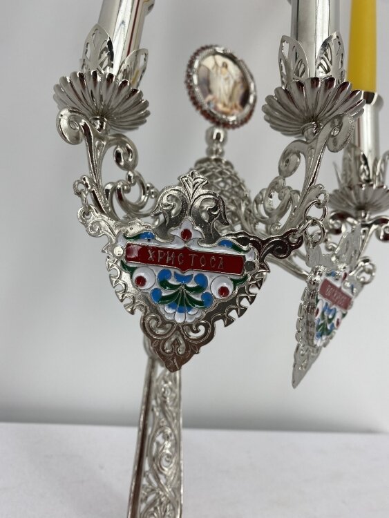 Трисвічник великодній з іконою №16, нікель 29х11см